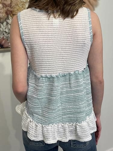 HOULENGS Women's Summer V Neck Babydoll Tank Tops Sleeveless Waffle Knit Peplum Blouses Color-Block Ruffle Hem Flowy Shirts thumbnail 2
