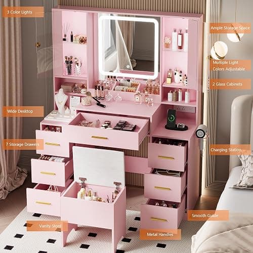 BORNOON Makeup Vanity with LED Light Strip Mirror and Chair, 7 Drawers & 2 RGB Cabinets Pink Vanity Makeup Desk with Power Strip, Adjustable LED Lighting, and Cushioned Stool for Women, Girls, Teens thumbnail 3