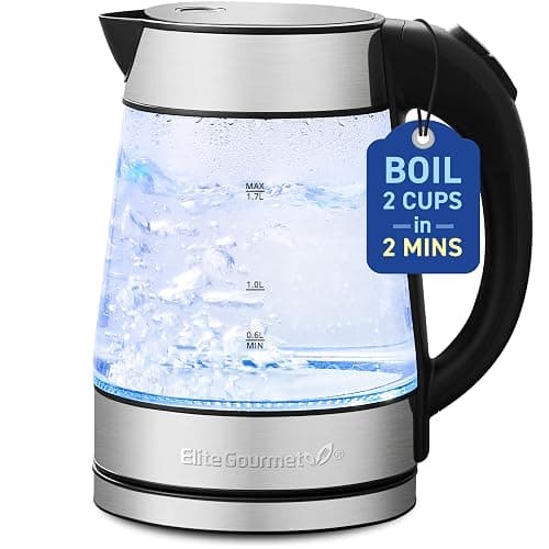 Elite Gourmet EKT-602 BPA-Free Electric Glass Kettle, Cordless 360° Base | Stylish Blue LED Interior, Auto Shut-Off Function, Quickly Boil Water for Tea & More - Image 1