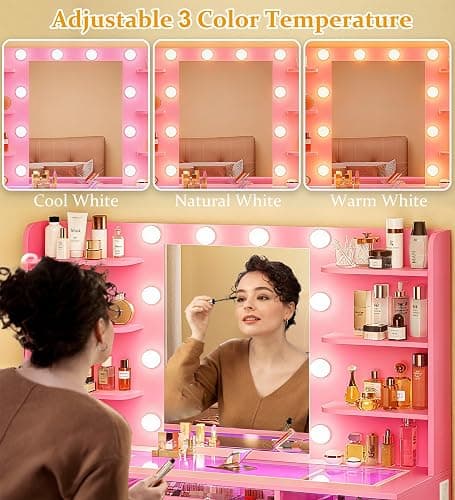 HUAHUU Vanity Desk, Makeup Vanity Desk with Mirror and Lights 3 Colors, Transparent Top with 3 RGB Drawers, 6 Shelves, 2 Large Tempered Cabinets, Power Outlet, for Bedroom, Pink thumbnail 7