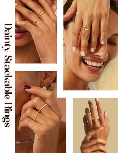 Jstyle Gold Stackable Rings for Women Non Tarnish Open Adjustable Rings Cubic Zirconia Thin Thumb Silver Ring Set 14K Gold Filled Pinky Knuckle Stacking Set - Dainty Statement Promise Band Ring Sets thumbnail 6