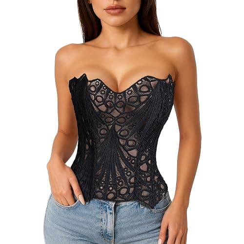 LEACOOLKEY Lacework Corset Top for Women Sexy Textured Sheer Floral Lace Bustier Going Out Lace-up Corset Overbust Top - Image 1