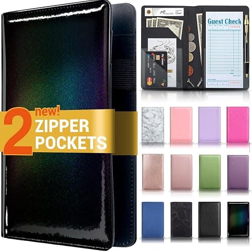 Server Book with 2 Zipper Pockets, Leather Server Books for Waitress, Waiter Book, Sturdy Waitress Book with Money Pocket and Zipper, Servers Book Waitress Accessories Fit Server Apron, Glitter Black - Image 1