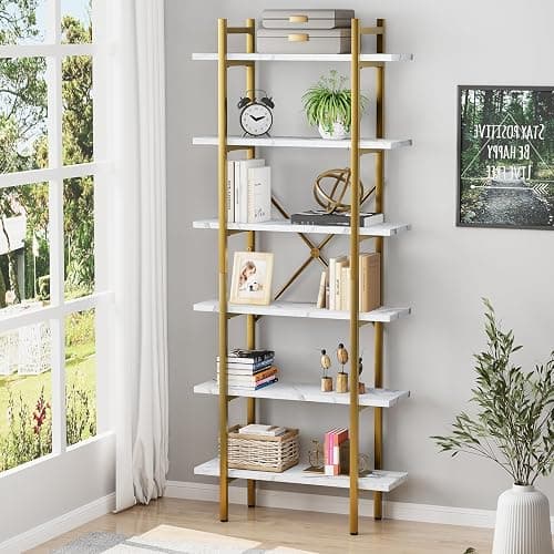 Azheruol 6 Tiers Bookshelf Organizer White Faux Marble Shelf,Modern Open Display Storage Bookcase, and Metal Bookshelf Standing Storage Shelf Tall Shelving Units for Home Office Study - Image 1
