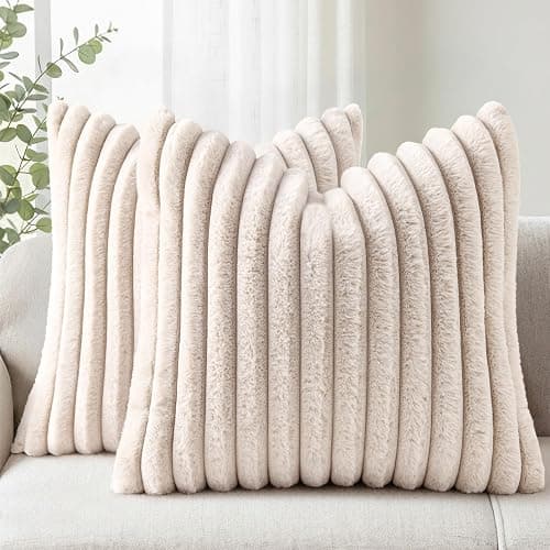 Simmore Faux Fur Striped Beige Throw Pillow Covers 20x20 Set of 2 | Fall Soft Plush Decorative Ribbed Cozy Modern Farmhouse Pillow Covers Velvet Back for Couch Sofa Bed Living Room - Image 1