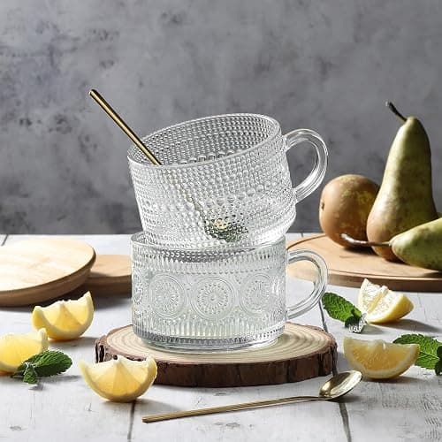 Vintage Coffee Mugs, Overnight Oats Containers with Bamboo Lids and Spoons - 14oz Clear Embossed Glass Cups, Cute Coffee Bar Accessories, Iced Coffee Glasses, Ideal for Cappuccino, Latte, 2 Pack - Image 1