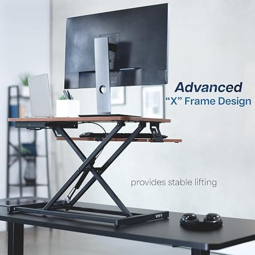 VIVO Height Adjustable 32 inch Stand Up Desk Converter, Quick Sit to Stand Tabletop Dual Monitor Riser Workstation, Dark Walnut Desktop, Black Frame, DESK-V000SD thumbnail 9