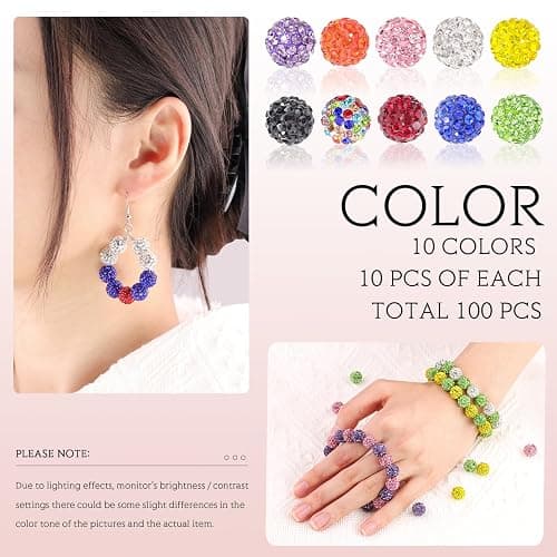 100 pcs 10mm Rhinestone Beads for Jewelry Making, 10 Mixed Colors Shiny Round Shamballa Disco Beads, Sparkle Crystal Clay Christmas for Bracelet Baseball Necklace Earring Crafting and DIY thumbnail 3