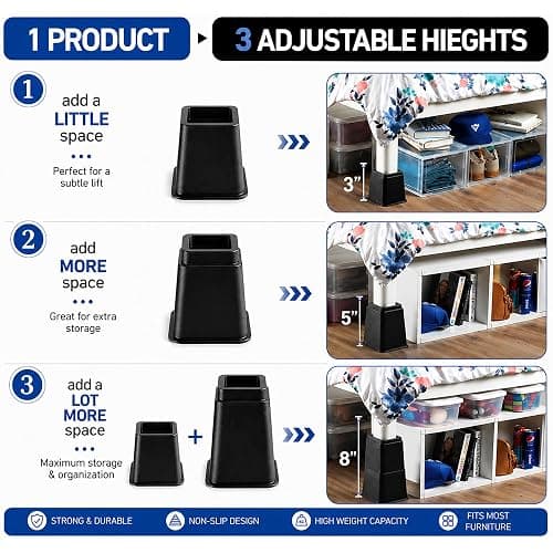 Home It Adjustable Bed Risers - Elevation in 3, 5 or 8 Inch - Heavy Duty Stackable Furniture Risers Supports 1,300 lbs - for Under-Bed Storage, College Dorms, Table and Couch, 4 Pack Bed Lifts Black thumbnail 9
