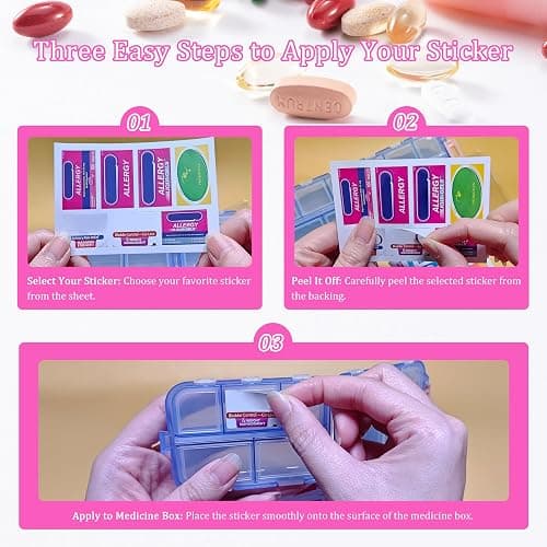 Pill Organizer with 161 Medicine Labels Travel Daily Pill Container Mini Medication Organizer Storage Pill Organizer Pill Case 7 Day (Pink) - Pink - Pill Box with Stickers thumbnail 2