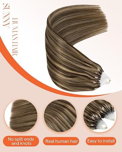 Sunny Hair Brown Micro Link Hair Extensions Human Hair Soft Microloop Hair Extensions Human Hair Dark Brown Highlight Caramel Blonde Cold Fusion Extensions Real Human Hair for Women 20inch 50g thumbnail 2