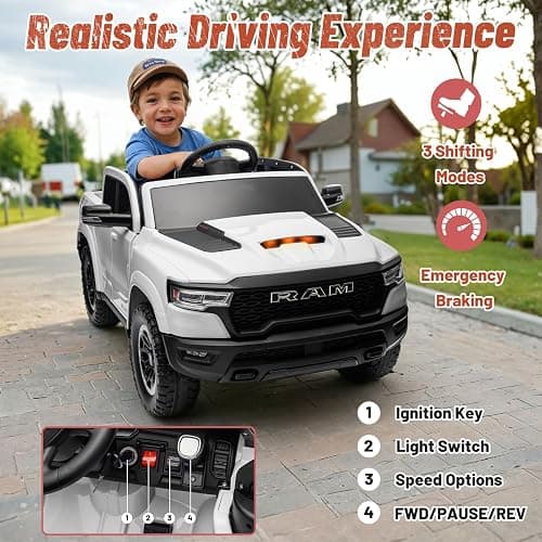 Segmart Licensed RAM 1500 12V Kids Ride on Truck, Electric Car with Remote Control, RAM Truck for Kids with Real Key Start & Gear Shifter, Bluetooth Music, Back Storage (White) thumbnail 7