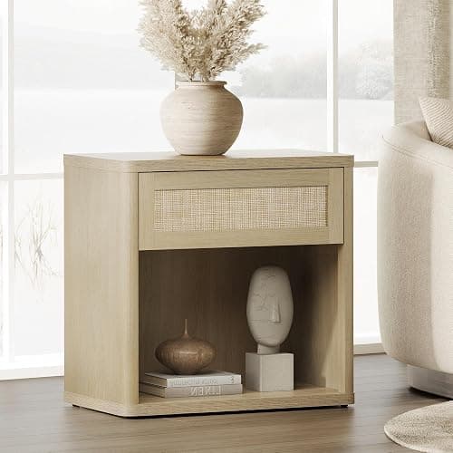 SICOTAS Night Stand Set of 2 26" Wide Large Nightstands with Drawer & Shelf Storage Rattan Bedside Table Boho End Table Tall Bed Side Tables Night Stands for Bedroom Living Room Sofa Office, Sand Oak thumbnail 4