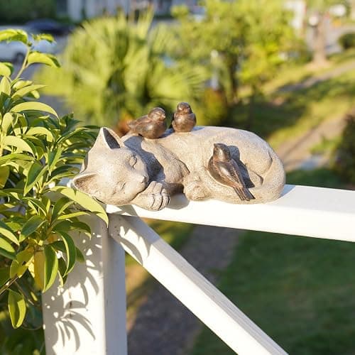 LC LCdecohome Sleeping Cat Garden Statues Outdoor - 12" Sparrows On Cat Figurine Memorial Statue Grave Markers Garden Resin Statues for Outdoor Decor Outdoor Statue Resin 12" x 8" x 4.5" thumbnail 8