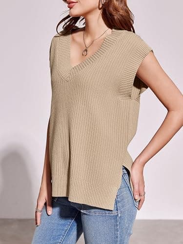 Saodimallsu Womens V Neck Sweater Vest Oversized Ribbed Knit Sleeveless Casual Loose Fit Pullover Tank Top thumbnail 3