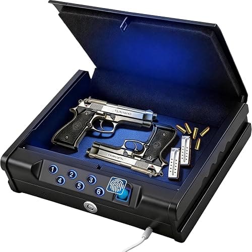 Biometric Fingerprint Handgun Safe, Small Nightstand Gun Lock Box with 3 Access Modes, 0.1s Quick Fingerprint Unlock & Voice Prompt, Heavy Steel Pistol Storage Box for Bedroom Home and Vehicle Use - Image 1