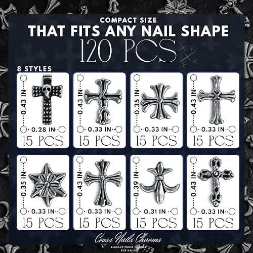 120 Pcs Silver Cross Nail Charms, 3D Acrylic, for Press-On & Gel | Silver Nail Charms in 8 Gothic Styles; Curved Back for Secure Fit; for Acrylic Nails; for Y2K & Punk Manicure, DIY Jewelry thumbnail 2