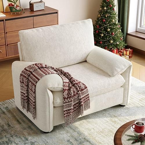 ONBRILL Oversized Accent Chair, 41 Inch Chenille Fabric Armchair, Comfy Single Sofa Chair with Padded Arms, Pocket Spring Cushion, Modern Reading Chair for Living Room, Bedroom, Beige - Image 1