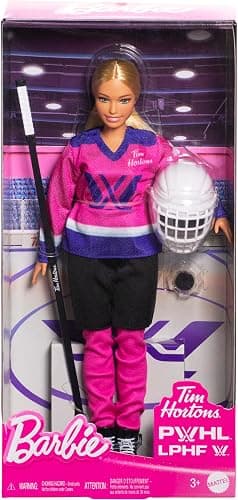​Barbie Tim Hortons PWHL 2025 Fashion Doll in Pink, Purple, & Teal Hockey Jersey, Includes Hockey Stick, Puck, and Helmet thumbnail 6