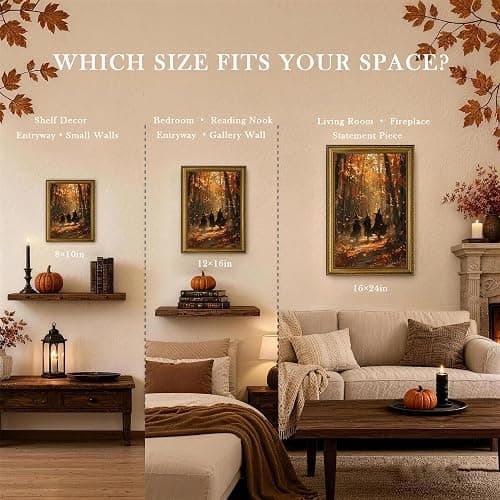 Halloween Vintage Gold Framed Canvas Wall Art, Autumn Forest Witch Wizards with Fall Leaves in Woodland, Easy to Hang Fade Resistant Print, Wall Decor for Bedroom Bathroom Living Room, 8x10 inches thumbnail 6