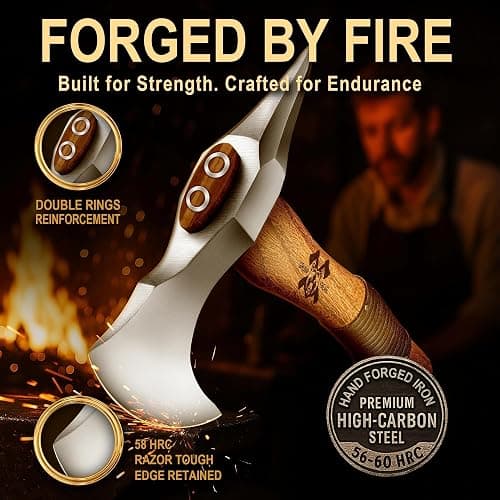 Grumpy Bear 11" Survival Axe Camping Hatchet – Forged High Carbon Steel Blade with Walnut Wood Handle – Shock-Absorbing, Anti-Slip Grip – Ideal for Bushcraft, Wood Splitting & Outdoor Adventures thumbnail 4