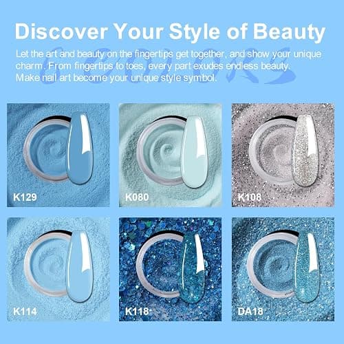 Eodci 12 Pcs Dip Powder Nail Kit Starter, 6 Colors Glitter Blue Snow Dipping Powder Kit With Base & Top Coat/Activator/Brush Saver, Nail Art Manicure Salon DIY for Daily at Home Party Gifts for Women thumbnail 2