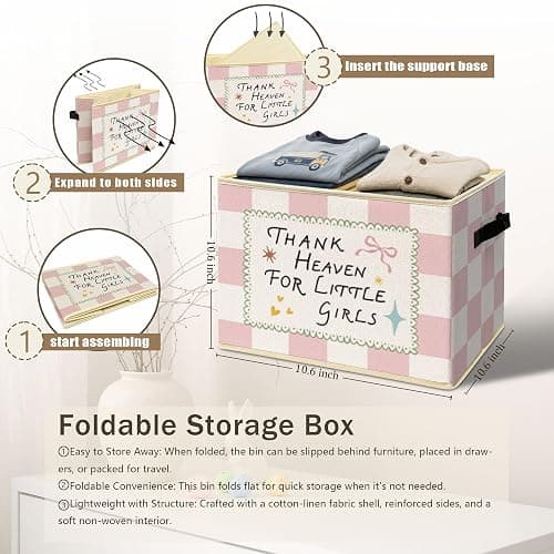 Girls Nursery Blessing Storage Bins Box Foldable Basket for Organizing | girls room collapsible storage bins box with handles, motivational checkered basket organizer for bedroom playroom, 10x14 in thumbnail 3
