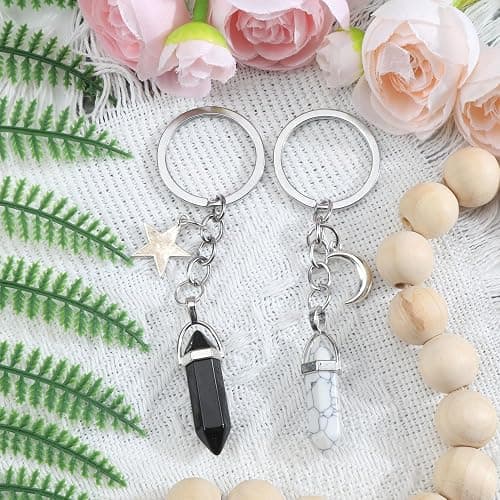 Tranbath Crystal Stone Keychain with Sun and Moon Pendant, 2-Pack Healing Crystals Keyring Charms, Lucky Charm Crystal Keyring, Bag Charms for Women's Handbags, Good Luck Keychain thumbnail 3