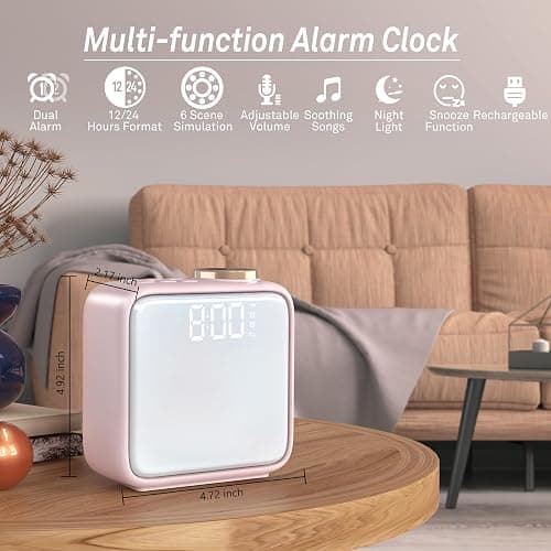 AIRIVO Alarm Clock Night Lights, Rechargeable Alarm Clock for Bedrooms, 6 Scenes & White Noise Sync, Dual Alarms & Snooze, for Heavy Sleepers, Gifts for Kids Teens (Pink) thumbnail 7
