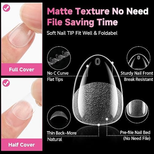 UNA GELLA Extra Short Almond Nail Tips, 312pcs XS Short Almond Gel Nail Tips Pre-Shaped Half Matte Full Cover No Need File Soft Gel Clear Fake Nails for Nails Extension Home DIY Salon 12 Sizes thumbnail 5