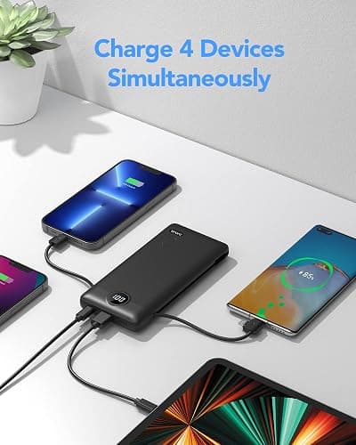VRURC Portable Charger with Built-in Cables and AC Wall Plug, 10000mAh Power Bank USB C Phone Charger 5 Output 2 Input LED Display Ultra Slim External Battery Pack Compatible with Smart Devices-Black thumbnail 5