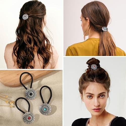 3PCS Metal Western Style Ponytail Holders, Retro Hair Ties for Women, Vintage Squash Blossom Hair Ropes Boho Hair Decoration for Women Girls(Circular) - Circular thumbnail 7