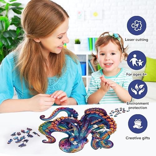 Qiuenisray Wooden Puzzles for Adults, Octopus Ocean Jigsaw Puzzles 200 Pieces, FSC Certified Unique Animal Adult Puzzles, Irregular Creative Gift for Family Game 11.2 x 11.2 in thumbnail 6