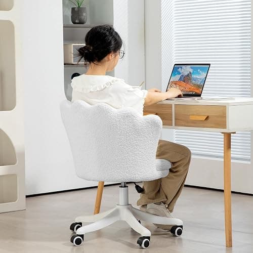 HOMCOM Mid Back Berber Fleece Office Chair, Adjustable Height Study Chair, Vanity Chair with Swivel Wheels for Living Room, Study, White thumbnail 8