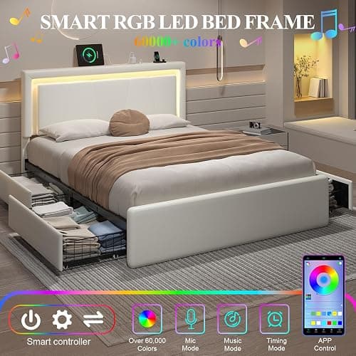 Full Size Bed Frame with 4 Storage Drawers, Upholstered Headboard, White | Modern Bed, Charging Station, LED Light, Adjustable Height Headboard, Noise-Free, No Box Spring Needed, Easy Assembly thumbnail 4