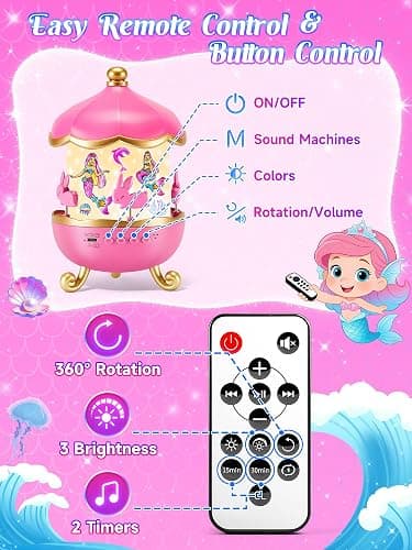 Little Mermaid Toys, 15 Soothing Sounds+18 Films+378 Colors Kids Night Light Projector, 360°+Remote+Cordless+Pink Mermaid Birthday Gifts for Girls, Princess Toys Princess Room Decor[Dreamy Packaging] thumbnail 9