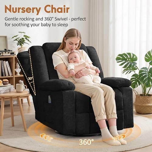 Korser Rocker Recliner Chair for Adults, 360° Swivel Rocker Recliner with Massage and Heating, Nursery Rocking Chairs with Side Pockets, Manual Reclining Chair for Living Room, Bedroom or Nursery thumbnail 5