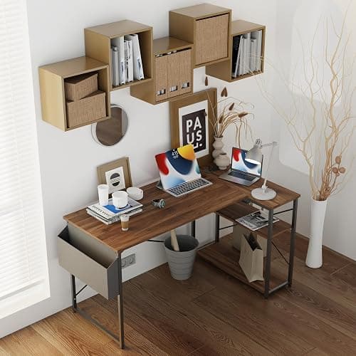 TIQLAB Small Computer Desk with Power Outlets, 40 Inch L Shaped Desk with Reversible Shelves, Gaming Desk Corner Desk Study Writing Desk for Home Office Bedroom Small Space, Walnut thumbnail 2