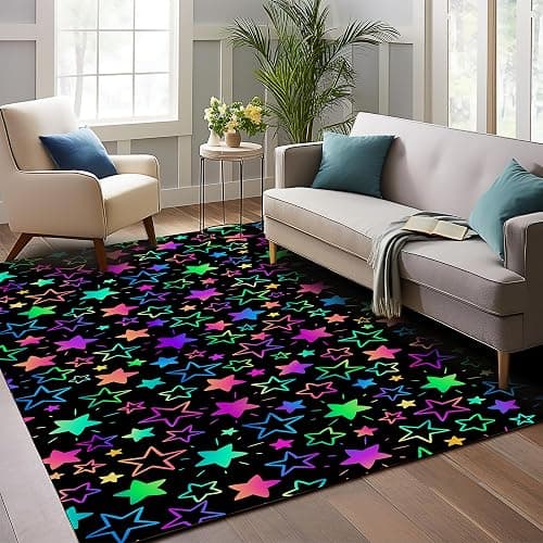 Neon Stars 5x7 Area Rugs,Rainbow Glitter Washable Area Rug for Living Room Soft Anti-Skid Thin Carpet Indoor Floor Carpets for Bedroom Dining Room Farmhouse Nursery Home Office - Image 1