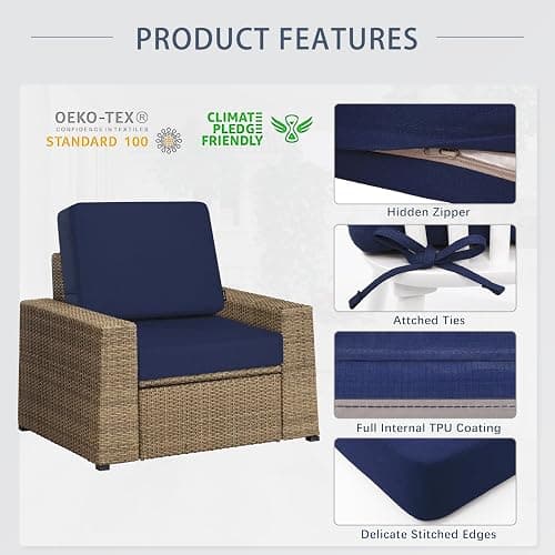 Favoyard Outdoor Deep Seat Cushion Set, 22 x 22 Inch Rainproof & 3-Year Fade Resistant Patio Furniture Cushions, Removable Seat Bottom & Back Cushion Covers with Ties for Chair, Sofa, Couch, Blue thumbnail 6