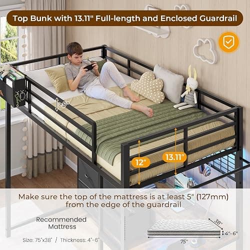 DICTAC Twin Loft Bed with L-Shaped Desk and 7 Storage Drawers,Metal Twin Size Loft Bed for Kids with LED Lights and Charging Station,13.11" H Safety Guardrail and Ladder,No Box Spring Needed, Black thumbnail 6