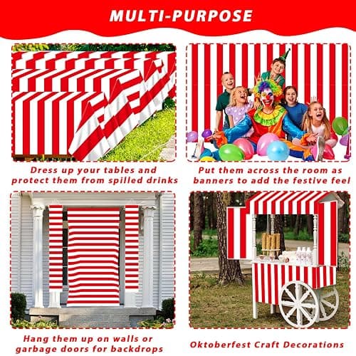 100Ft Long Tablecloth Roll Red and White Striped Tablecloth Carnival Circus Tent Party Supplies Halloween Christmas Plastic Picnic Table Cover for Birthday Party Circus Backdrop Banner Decoration thumbnail 6