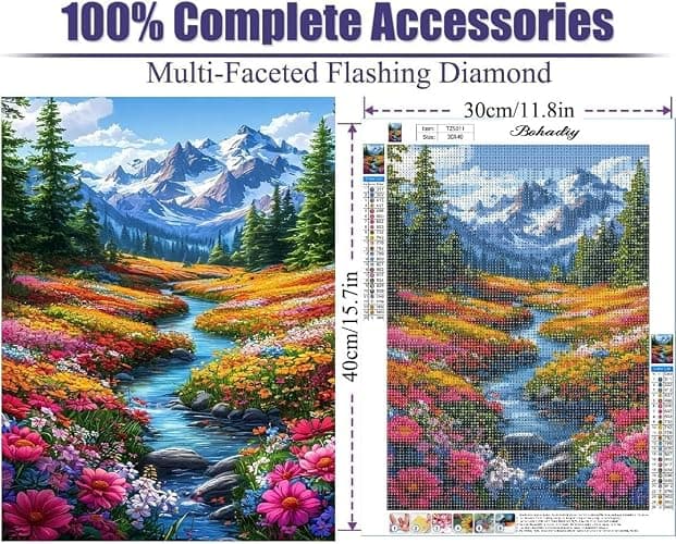 BOHADIY 5D Diamond Art Painting Kits for Beginners, Snowy Mountain Art Kits for Beginner,DIY River Flower Full Round Gem Crystal Art Paint by Diamond Home Wall Decor12X16inch thumbnail 5