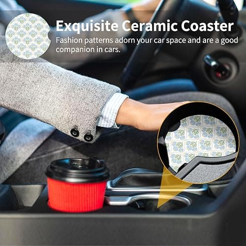 Watbro 2 Pcs Blue Flowers Car Cup Holder Coasters, 2.56 Inch Absorbent Ceramic Cup Coasters for Women, Cute Aesthetic Floral Print Car Interior Accessories for Most Cars, Trucks, SUVs thumbnail 6
