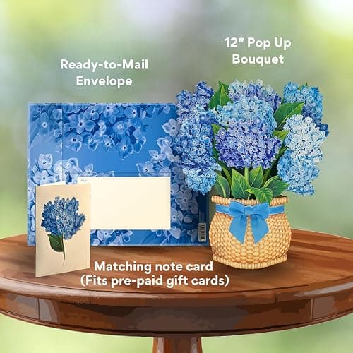 Freshcut Paper Pop Up Cards, Nantucket Hydrangeas, 12 Inch Life Sized Forever Flower Bouquet 3D Popup Greeting Card, Birthday Cards, Thank You Card, Blank Notecard & Envelope - Nantucket Hydrangeas thumbnail 3