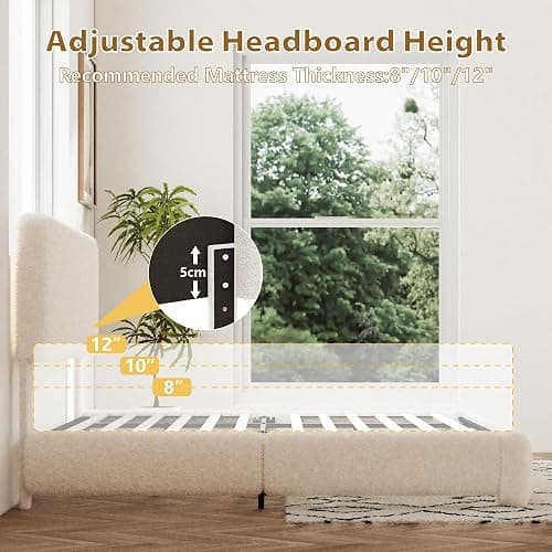 viplov Queen Size Boucle Bed Frame, Adjustable Headboard, Beige | Fluffy Boucle Upholstered Platform Bed Frame, Cloud Adjustable Headboard, Rounded Corners. Squeak‑free, Fast assembly thumbnail 6