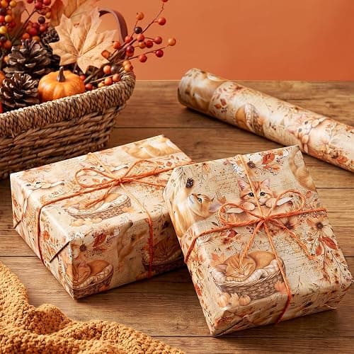 WRAPAHOLIC Kraft Fall Wrapping Paper Roll - Mini Roll - 17 Inch x 16.5 Feet - Cat, Autumn Maple Leaves, Pumpkin Wrapping Paper for Autumn, Thanksgiving, Party, Holiday thumbnail 6