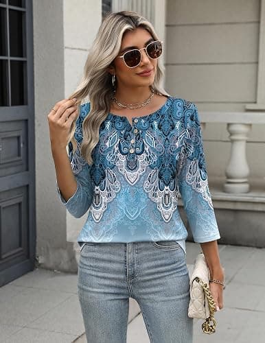 Zeagoo 3/4 Length Sleeve Women Tops Crew Neck Blouses Dressy Casual Summer T Shirts Loose Fit Business Work Clothes thumbnail 3