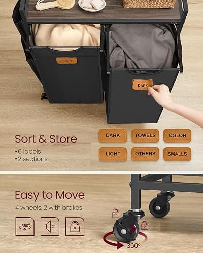 VASAGLE Laundry Hamper, Laundry Sorter Rolling Cart with Shelves, Small Side Pockets, 6 Labels, 2 Compartments, 26.4 Gal. (100 L), Ink Black and Ash Brown UBLH222BH01 thumbnail 6