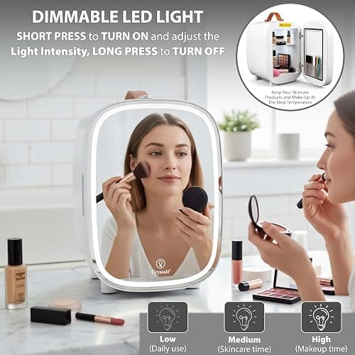 Crystals 4/10/15L Litre Mini Fridge, Table Top Small Fridge Cooler & Warmer for Car Bedrooms Desk Office, 12V DC - 220 AC, Mini Fridge for Bedrooms (LED Mirror [Design: 2] - WHITE, 4L Lights) thumbnail 10